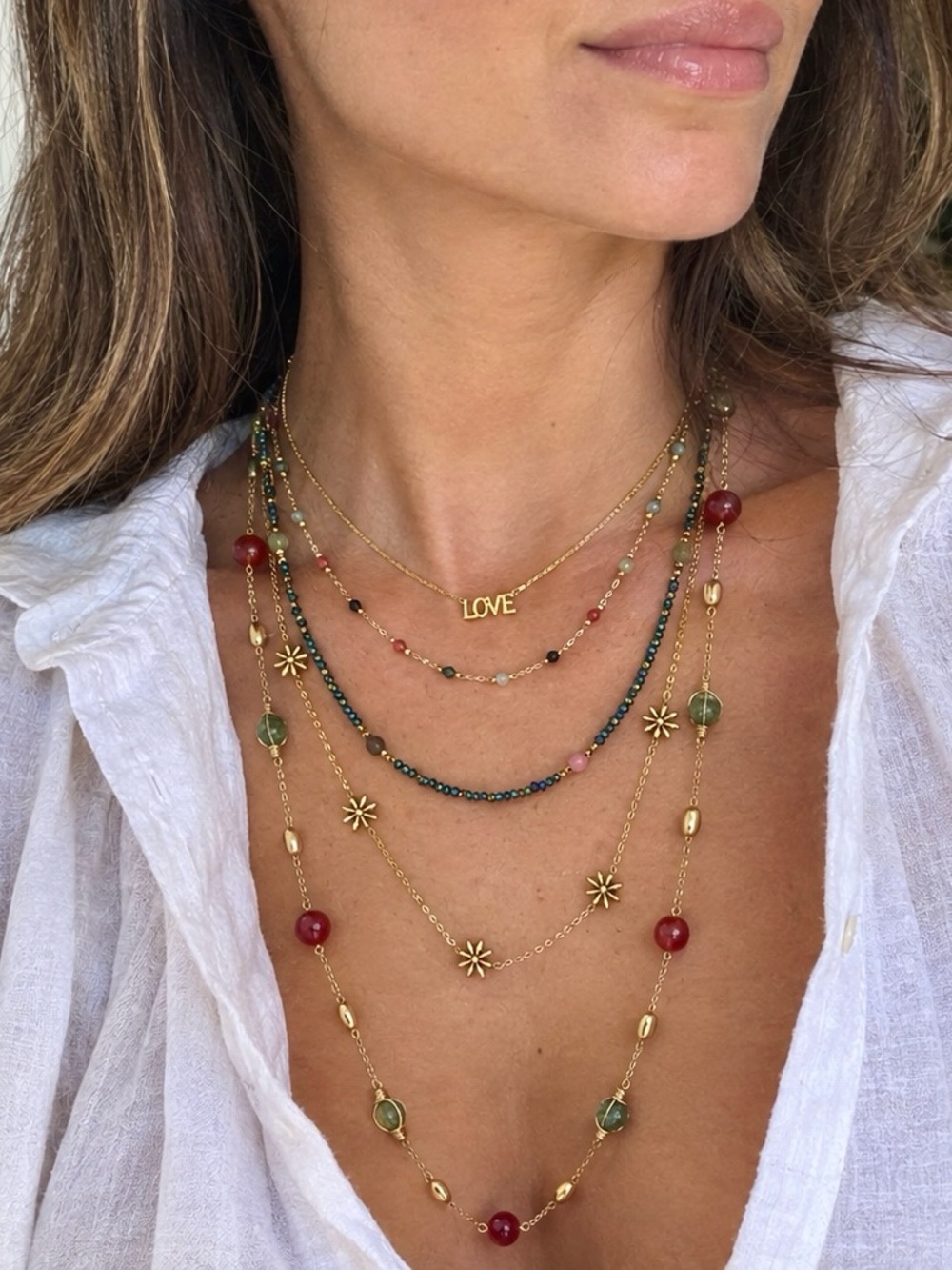 HAND MADE Layered Necklace Set with coralina, turmalina, raw emeralds +